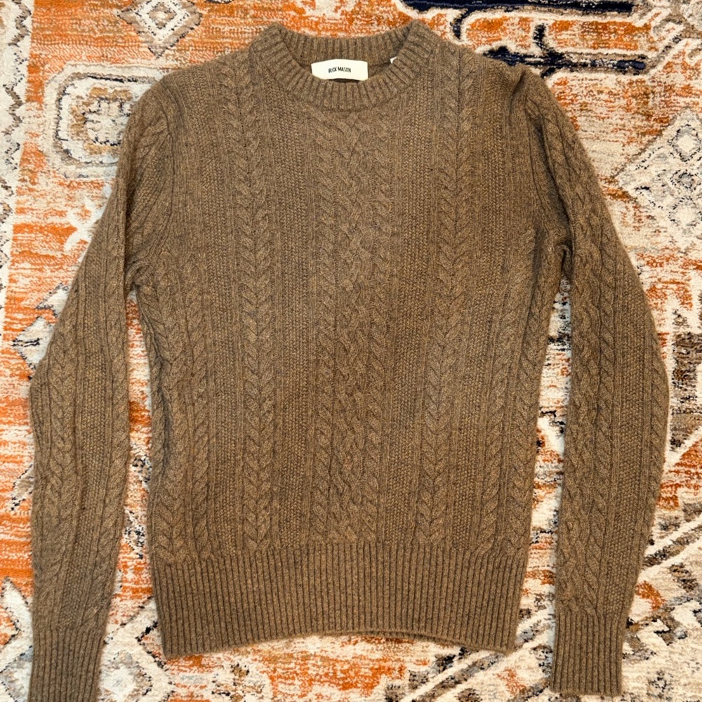 Buck Mason Tan Cable Knit Crewneck Sweater